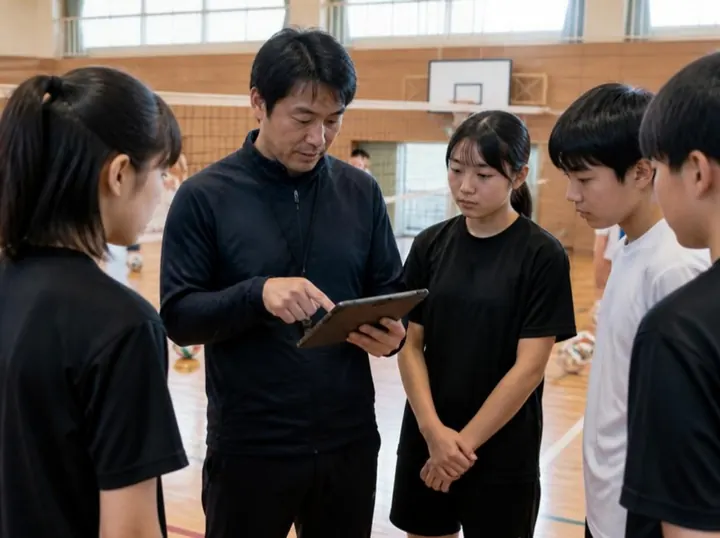 週末の部活動で、タブレットの練習メニューを中学生に見せて説明する部活動指導員