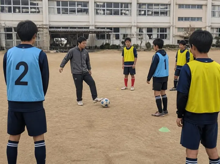校庭で、中学生のサッカー部にパスの練習を見せる地域の指導員