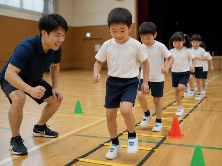 体育館で、ラダーとコーンを使ってキッズにコーディネーションを教える運動教室のコーチ
