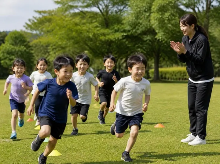 公園で、走る子どもたちを手をたたいて応援するかけっこ教室のコーチ