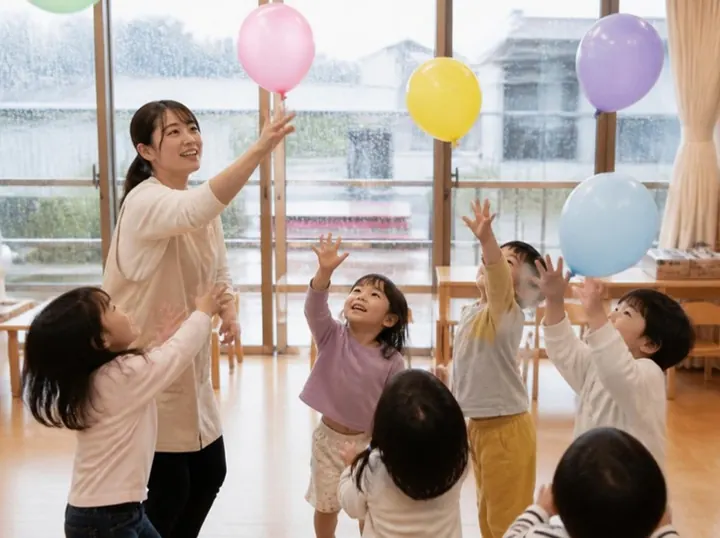 雨の日の保育室で、子どもたちと風船あそびをする保育園の先生