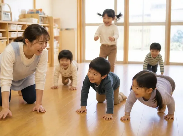 保育室で、子どもたちと動物歩きの運動あそびをする保育園の先生