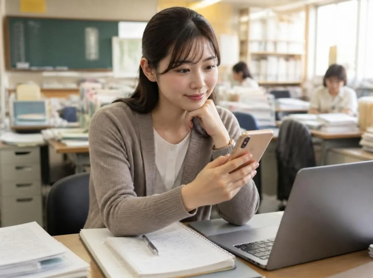 職員室で、スマホを見ながら体育の授業のメニューを考える学校の先生