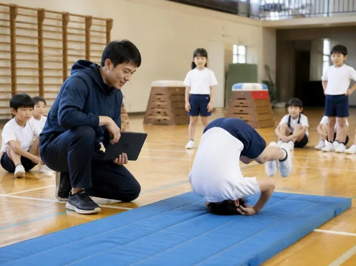 体育の授業で、タブレットを手にマット運動を指導する学校の先生